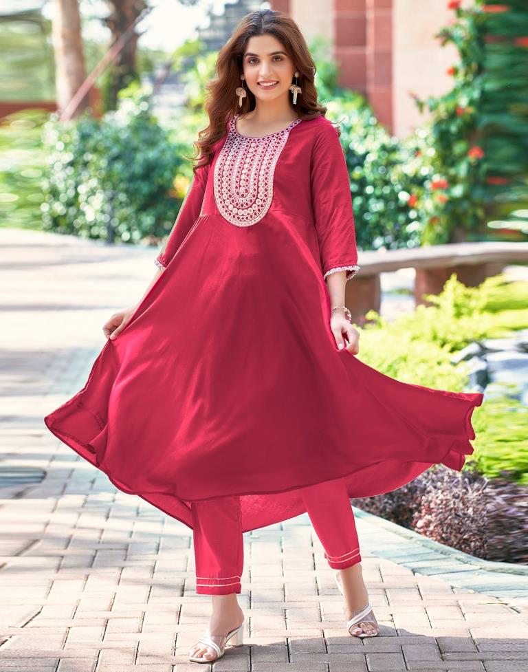 Dark Pink Plain Muslin Flared Kurta Set With Dupatta