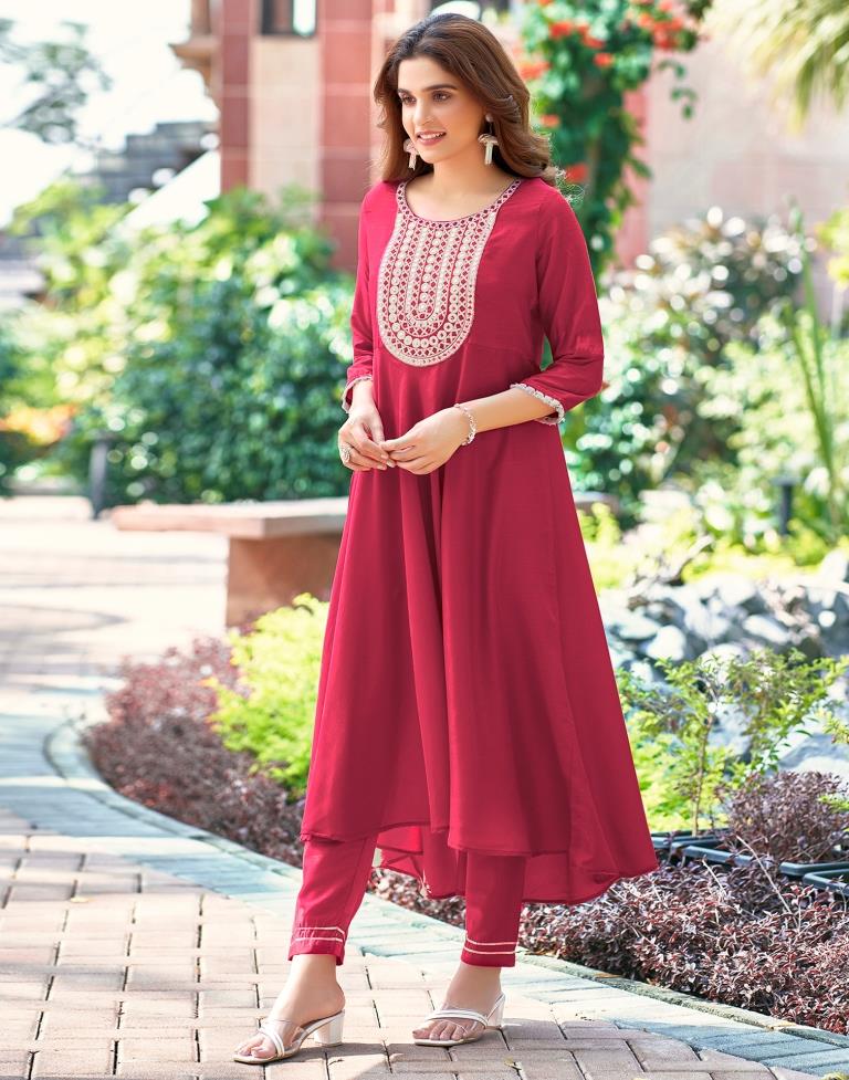 Dark Pink Plain Muslin Flared Kurta Set With Dupatta