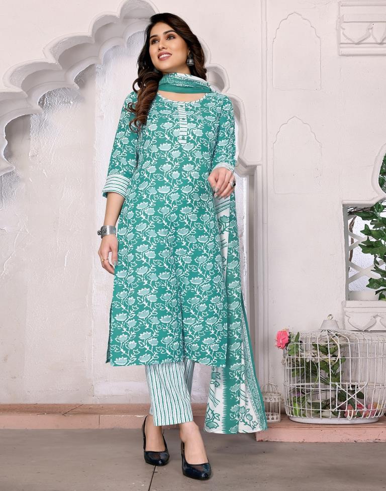 Turquoise Printed Rayon Straight Kurta Set with Dupatta