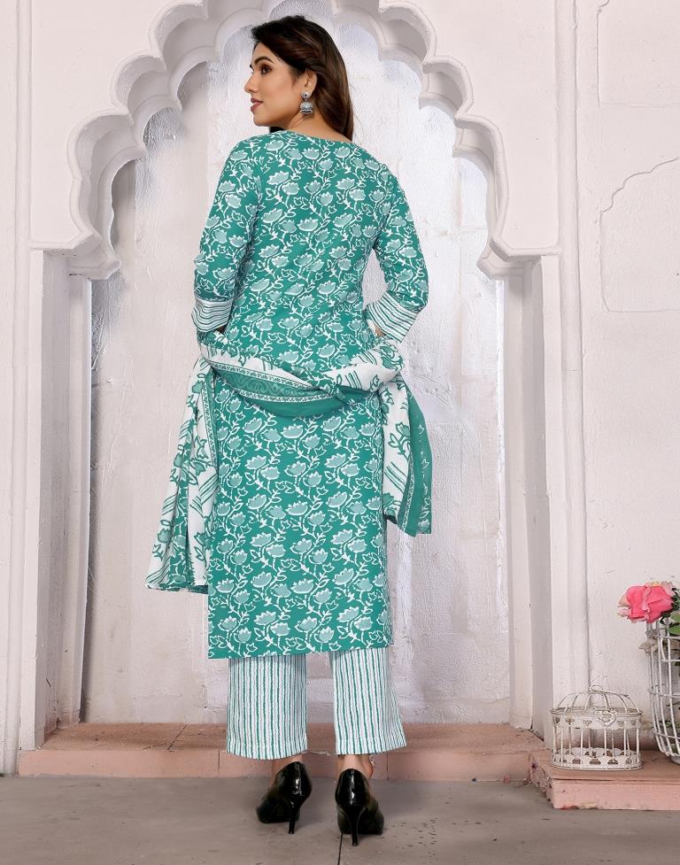 Turquoise Printed Rayon Straight Kurta Set with Dupatta