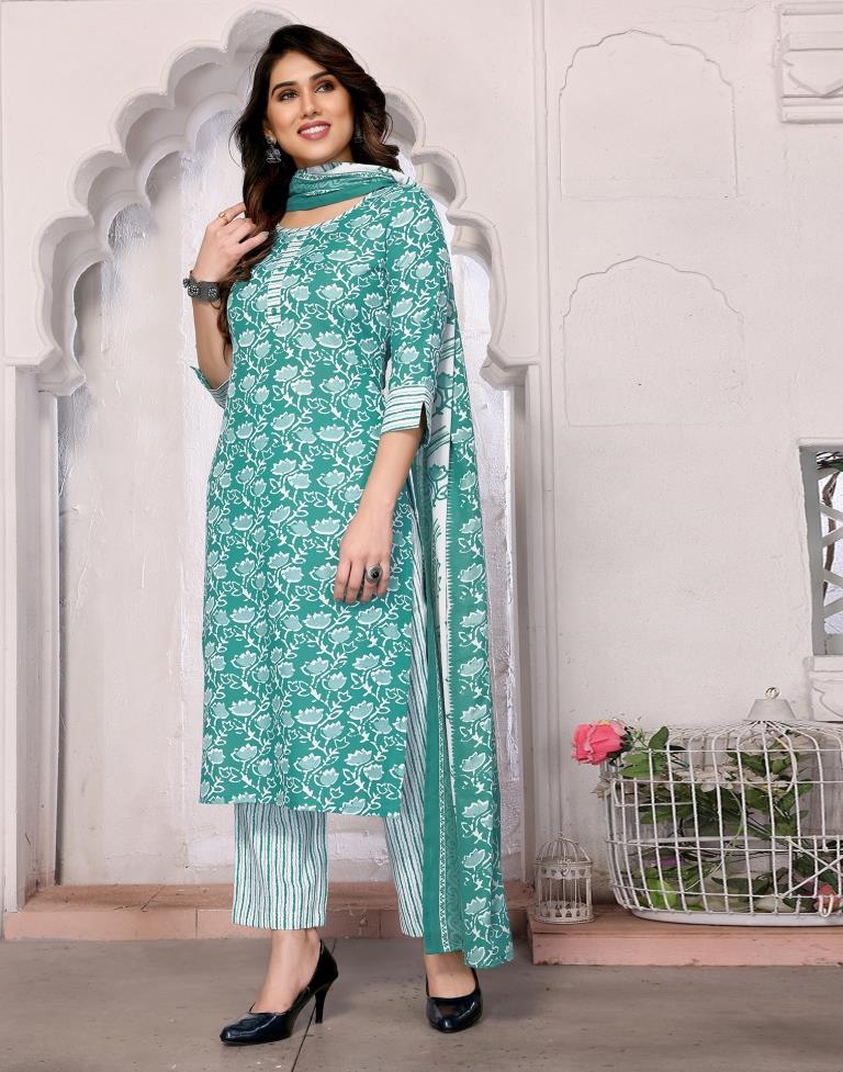 Turquoise Printed Rayon Straight Kurta Set with Dupatta