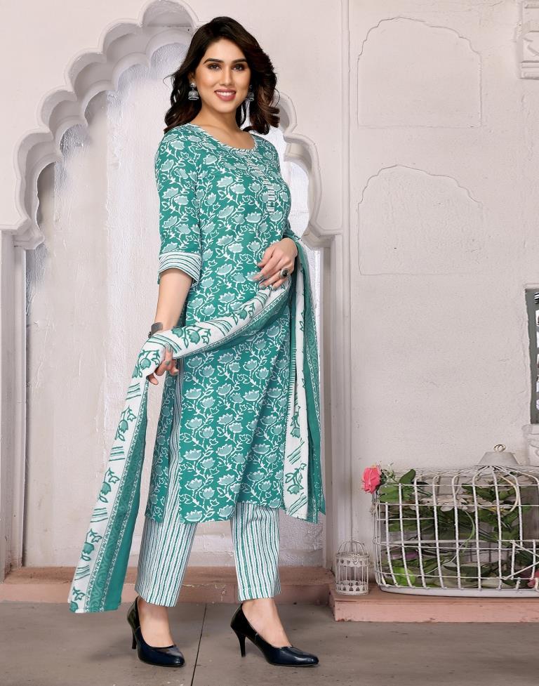 Turquoise Printed Rayon Straight Kurta Set with Dupatta