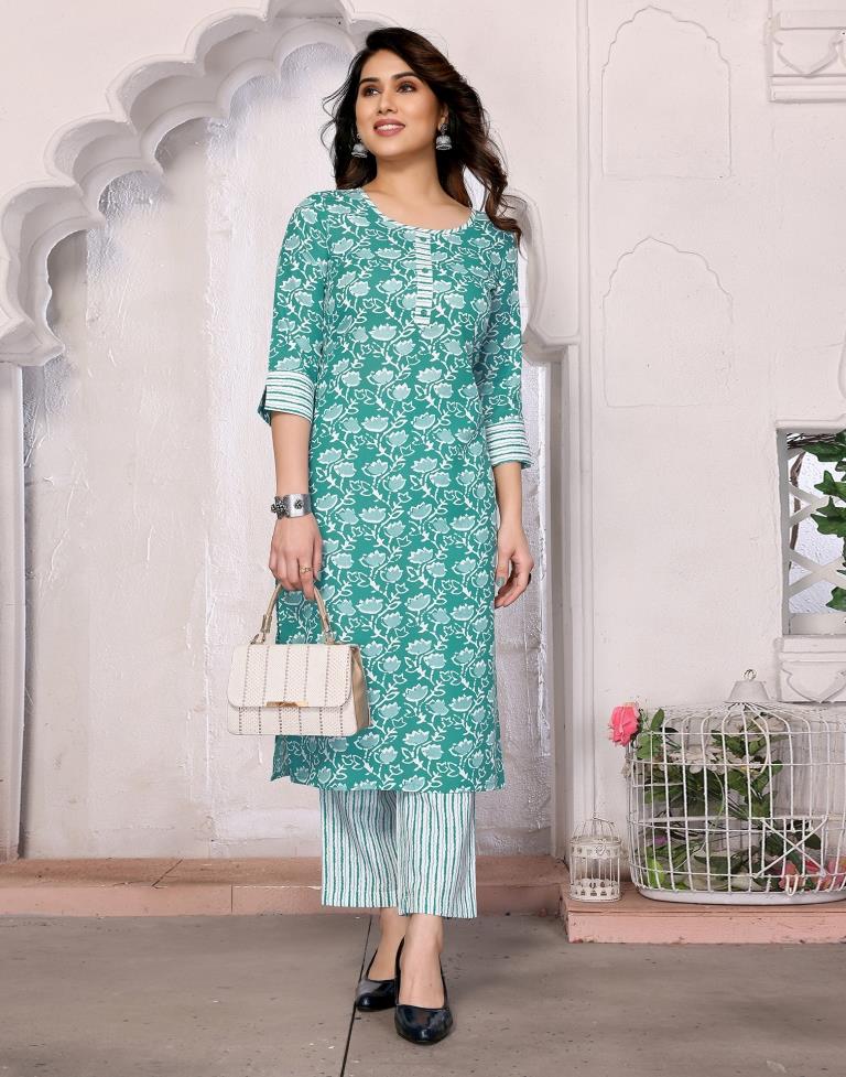 Turquoise Printed Rayon Straight Kurta Set with Dupatta