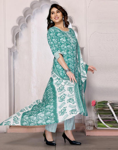 Turquoise Printed Rayon Straight Kurta Set with Dupatta