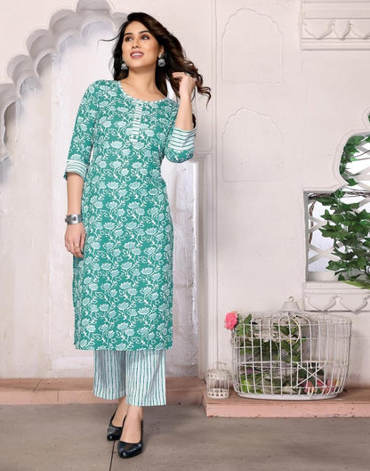 Turquoise Printed Rayon Straight Kurta Set with Dupatta