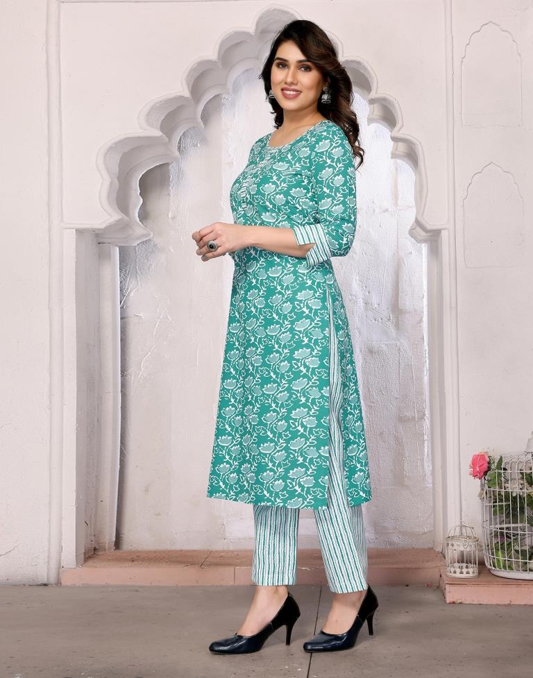 Turquoise Printed Rayon Straight Kurta Set with Dupatta