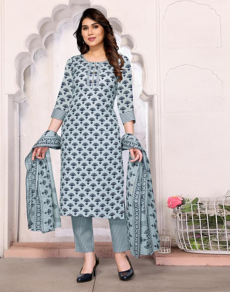 Light Grey Printed Cotton Straight Kurta Set with Dupatta