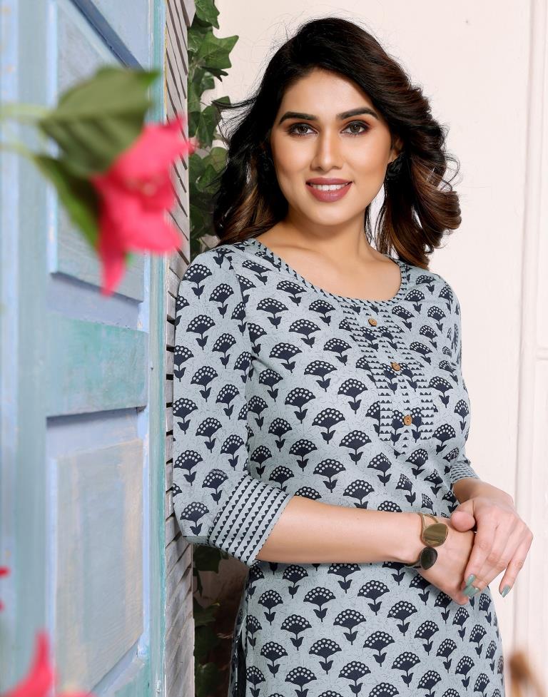 Light Grey Printed Cotton Straight Kurta Set with Dupatta