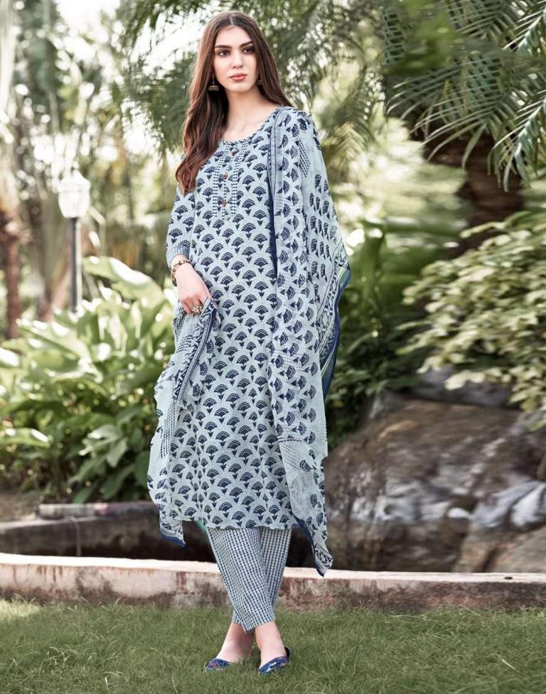 Light Grey Printed Cotton Straight Kurta Set with Dupatta