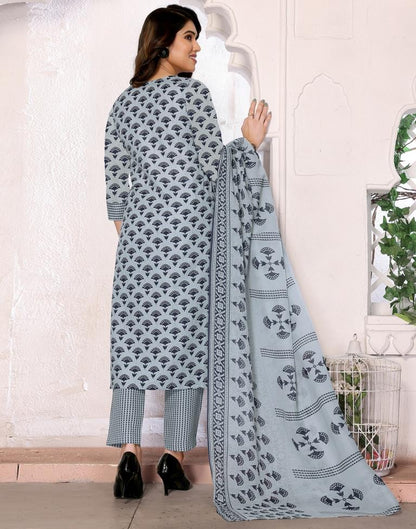 Light Grey Printed Cotton Straight Kurta Set with Dupatta