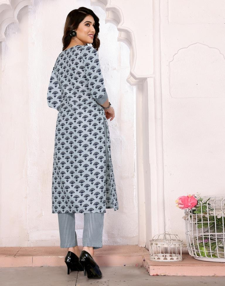 Light Grey Printed Cotton Straight Kurta Set with Dupatta