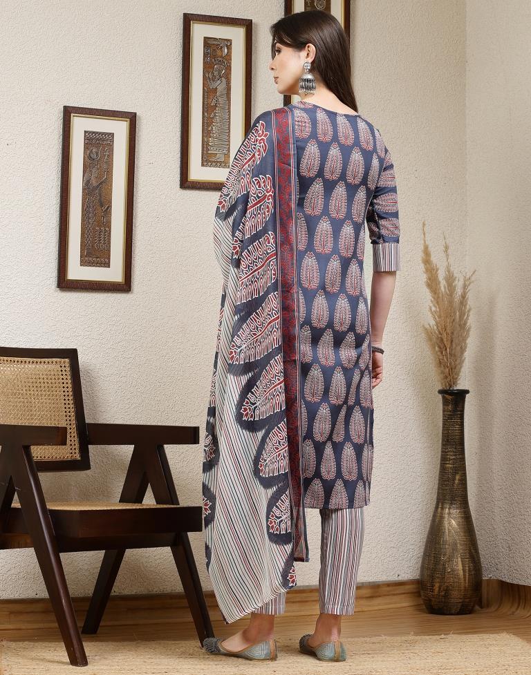 Multicoloured Printed Cotton Straight kurta With Pant And Dupatta