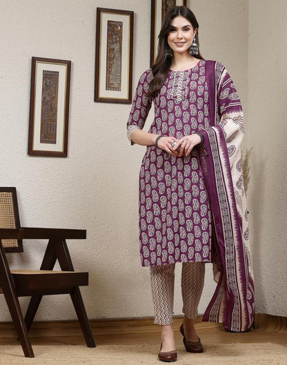 Purple Printed Cotton Straight kurta With Pant And Dupatta