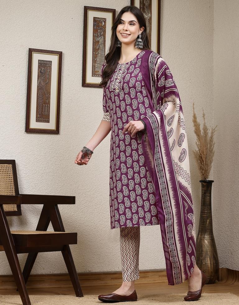 Purple Printed Cotton Straight kurta With Pant And Dupatta