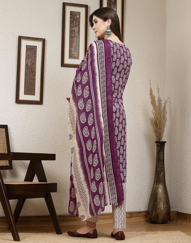 Purple Printed Cotton Straight kurta With Pant And Dupatta