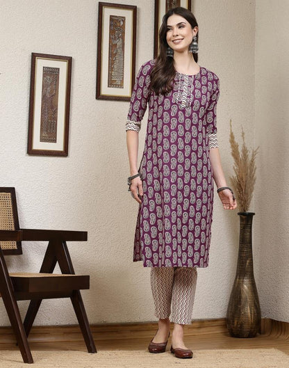 Purple Printed Cotton Straight kurta With Pant And Dupatta