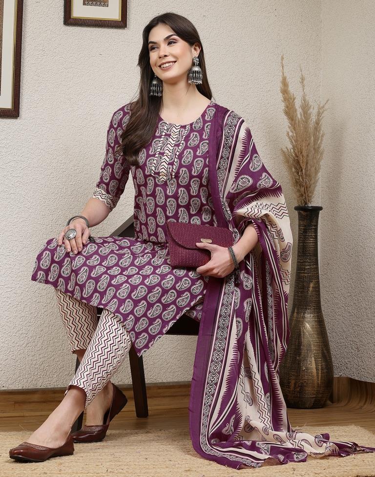 Purple Printed Cotton Straight kurta With Pant And Dupatta