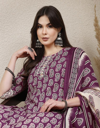 Purple Printed Cotton Straight kurta With Pant And Dupatta