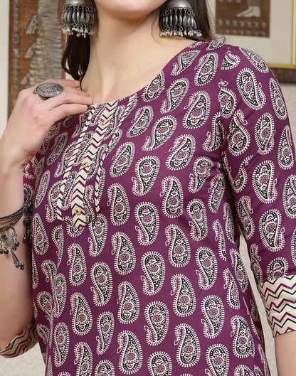 Purple Printed Cotton Straight kurta With Pant And Dupatta