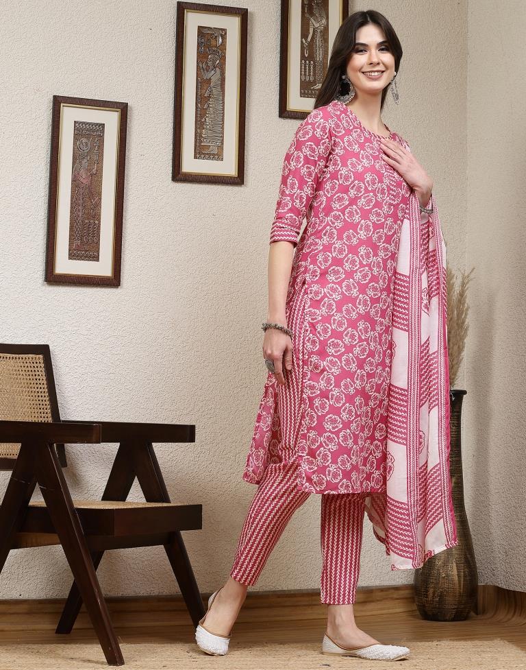 Pink Printed Cotton Straight Kurta With Pant And Dupatta