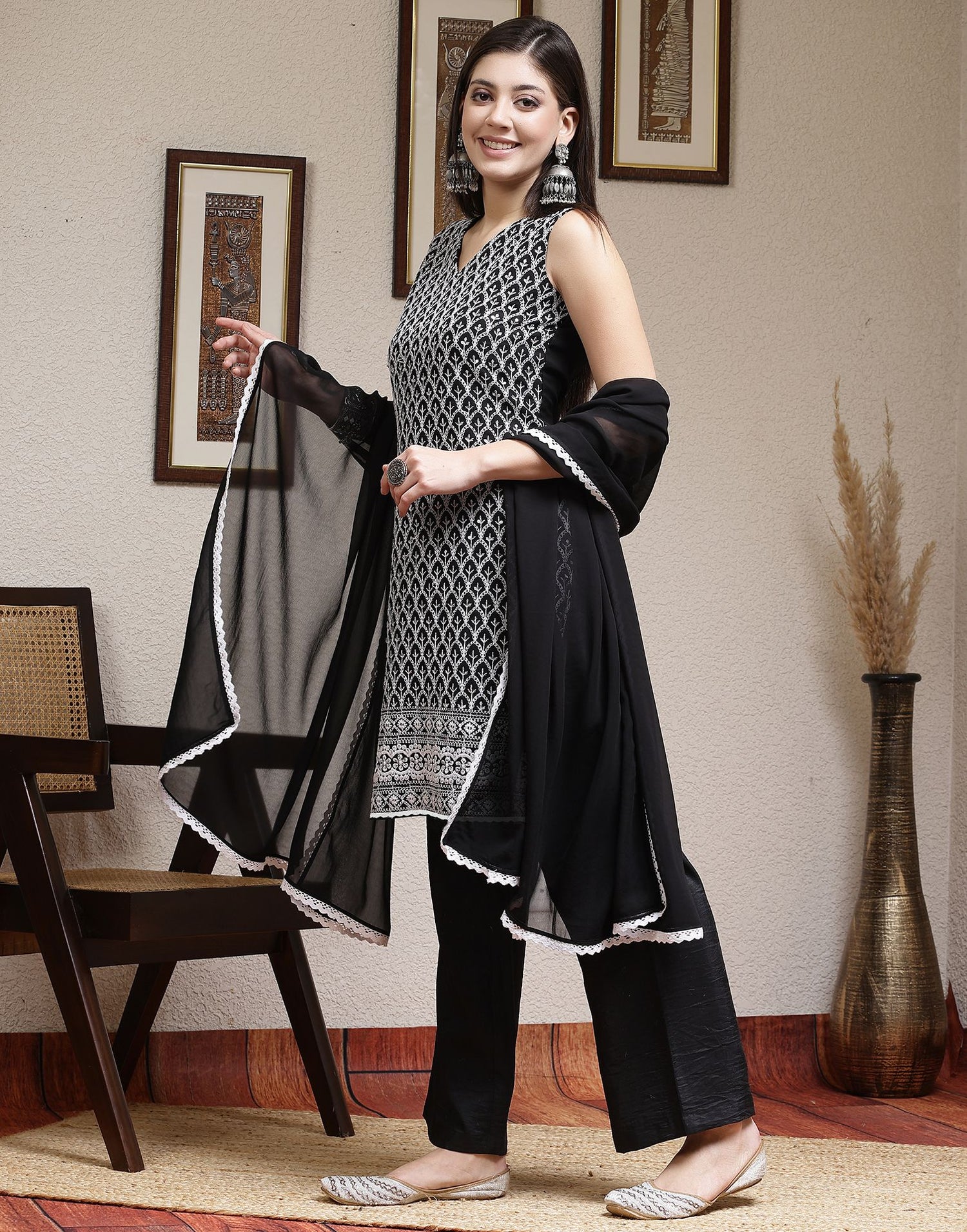 Black Straight Kurta With Pant And Dupatta