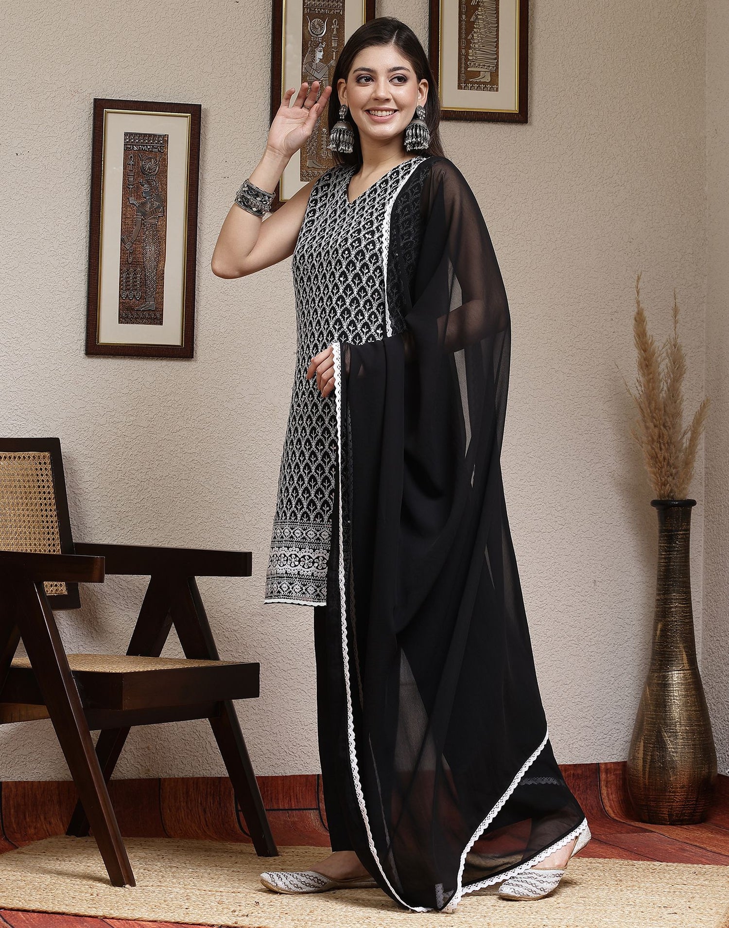 Black Straight Kurta With Pant And Dupatta