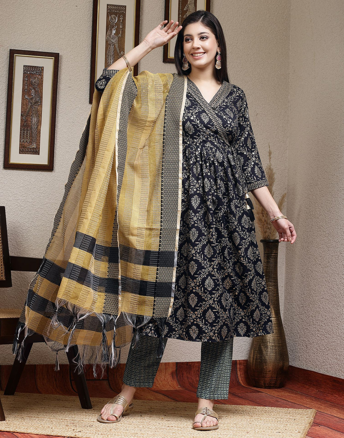 Navy Blue Printed Silk A-Line Kurta Set With Dupatta