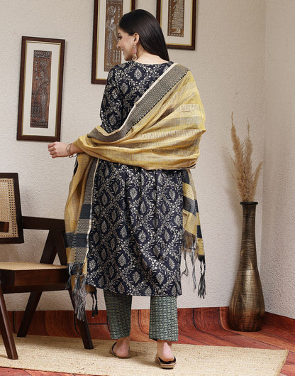 Navy Blue Printed Silk A-Line Kurta Set With Dupatta