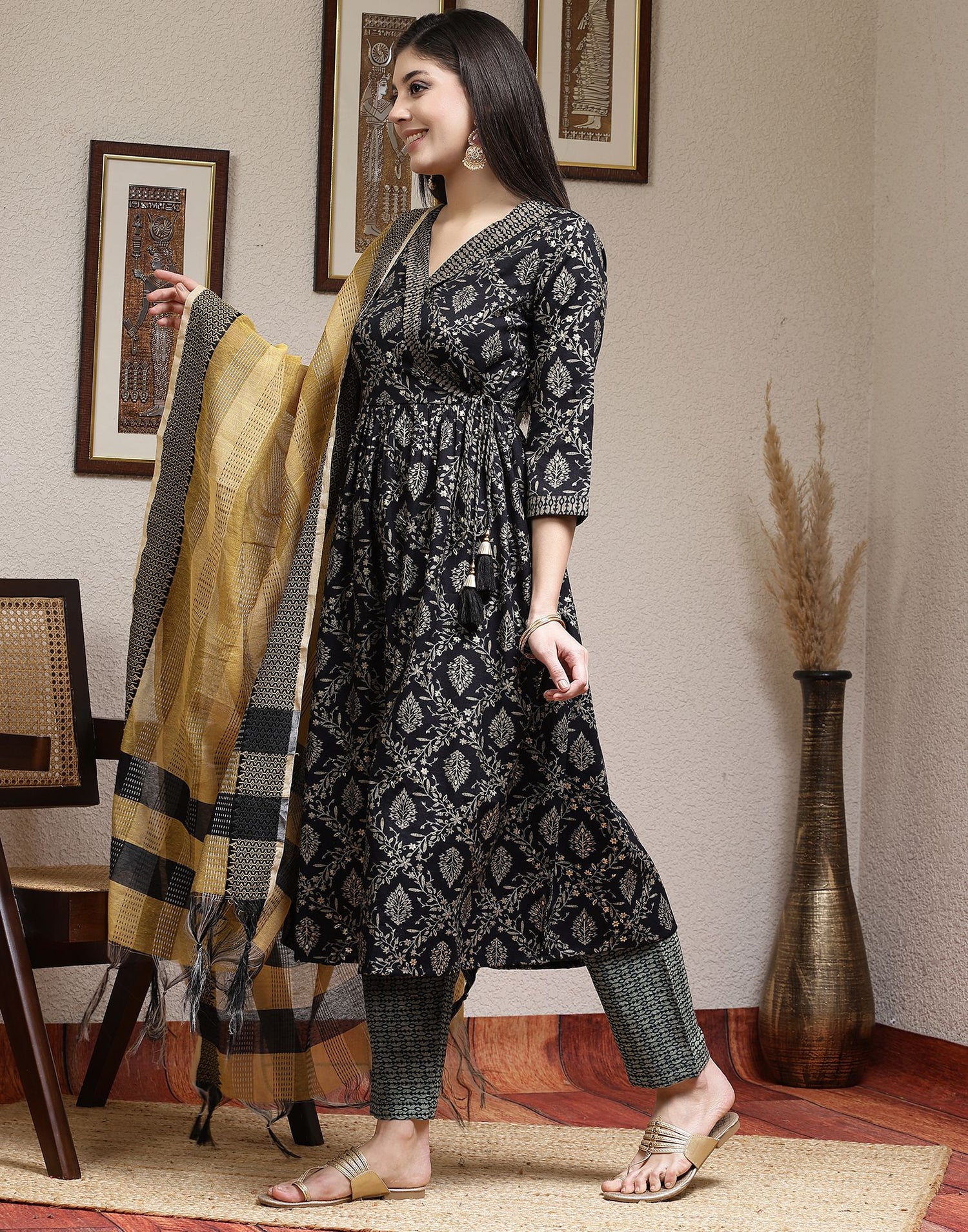 Navy Blue Printed Silk A-Line Kurta Set With Dupatta