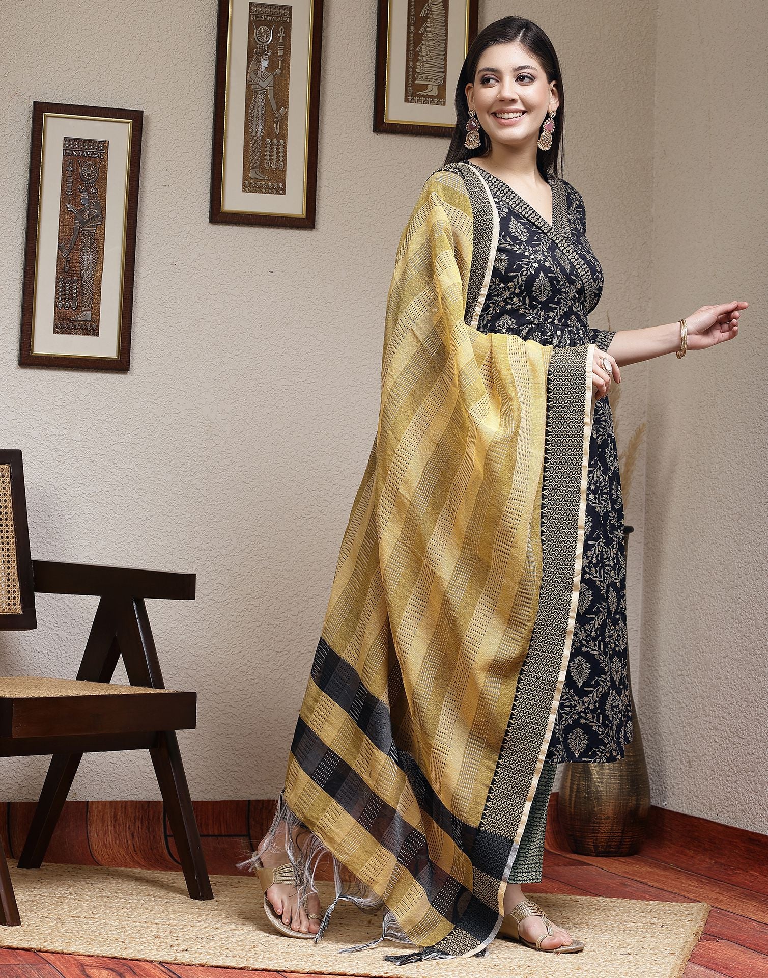 Navy Blue Printed Silk A-Line Kurta Set With Dupatta