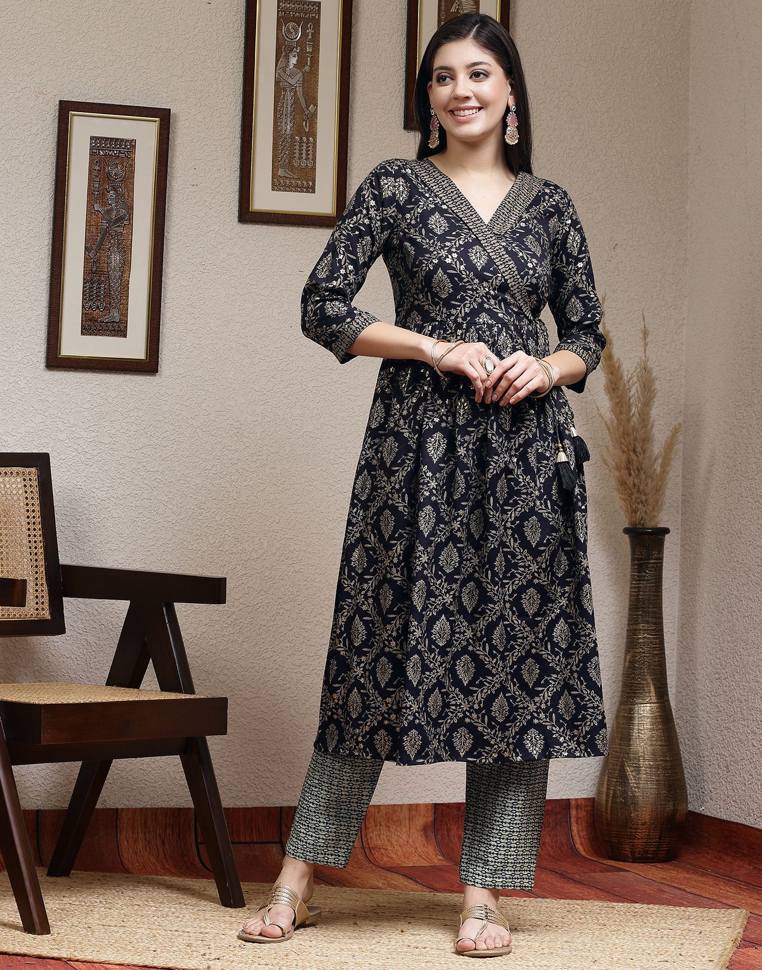 Navy Blue Printed Silk A-Line Kurta Set With Dupatta