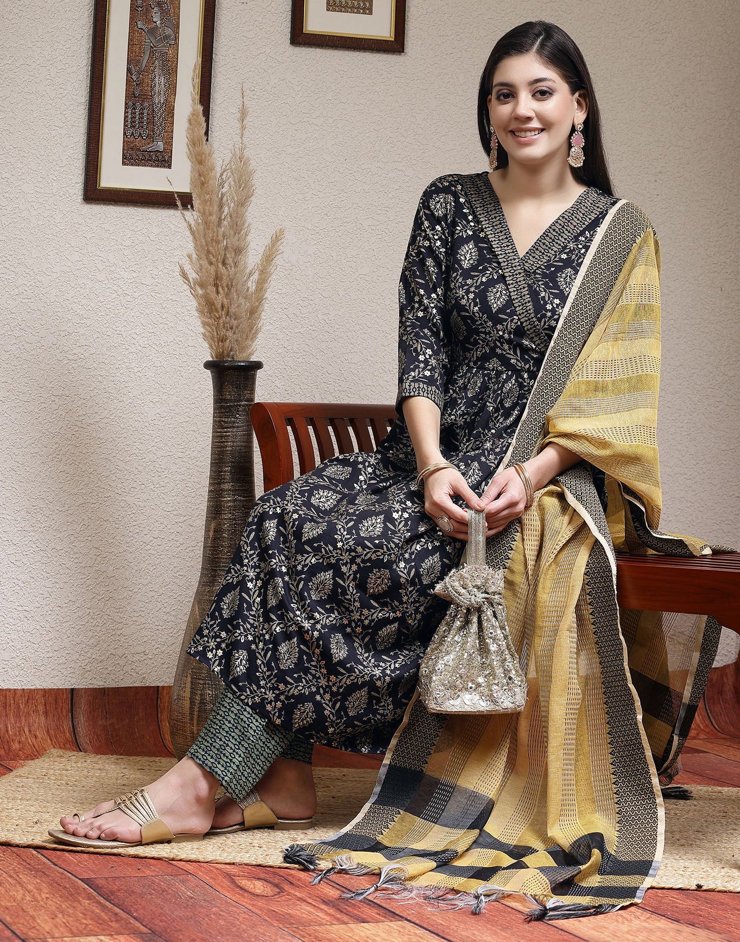 Navy Blue Printed Silk A-Line Kurta Set With Dupatta