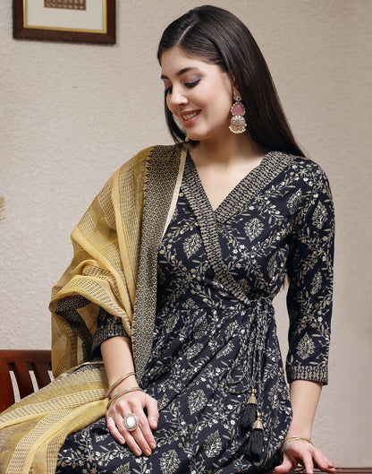 Navy Blue Printed Silk A-Line Kurta Set With Dupatta