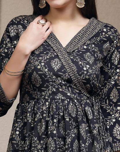 Navy Blue Printed Silk A-Line Kurta Set With Dupatta