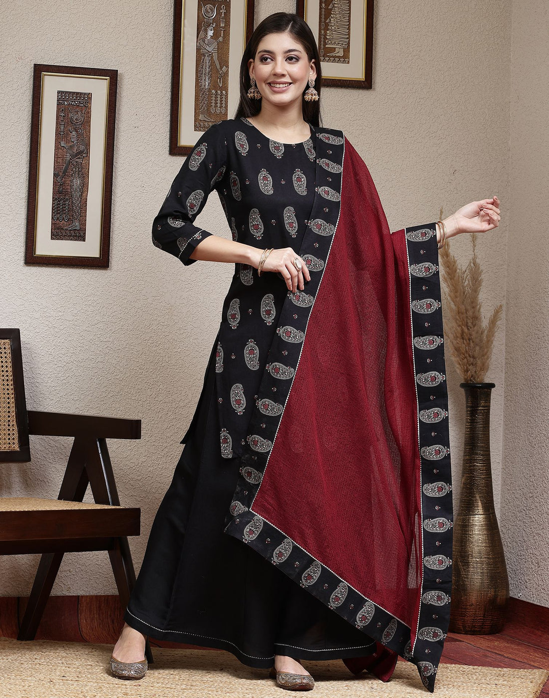 Black Printed Rayon Straight Kurta Set With Dupatta