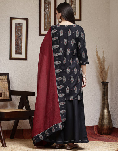 Black Printed Rayon Straight Kurta Set With Dupatta