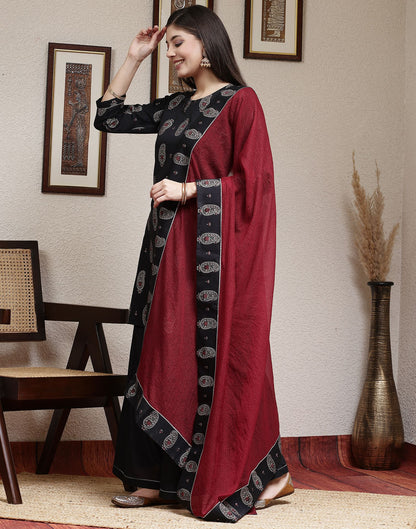 Black Printed Rayon Straight Kurta Set With Dupatta