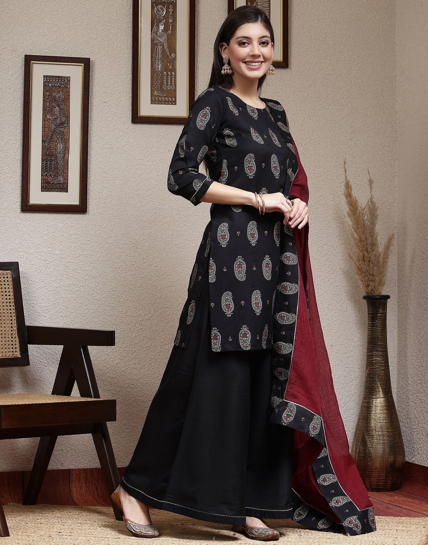 Black Printed Rayon Straight Kurta Set With Dupatta