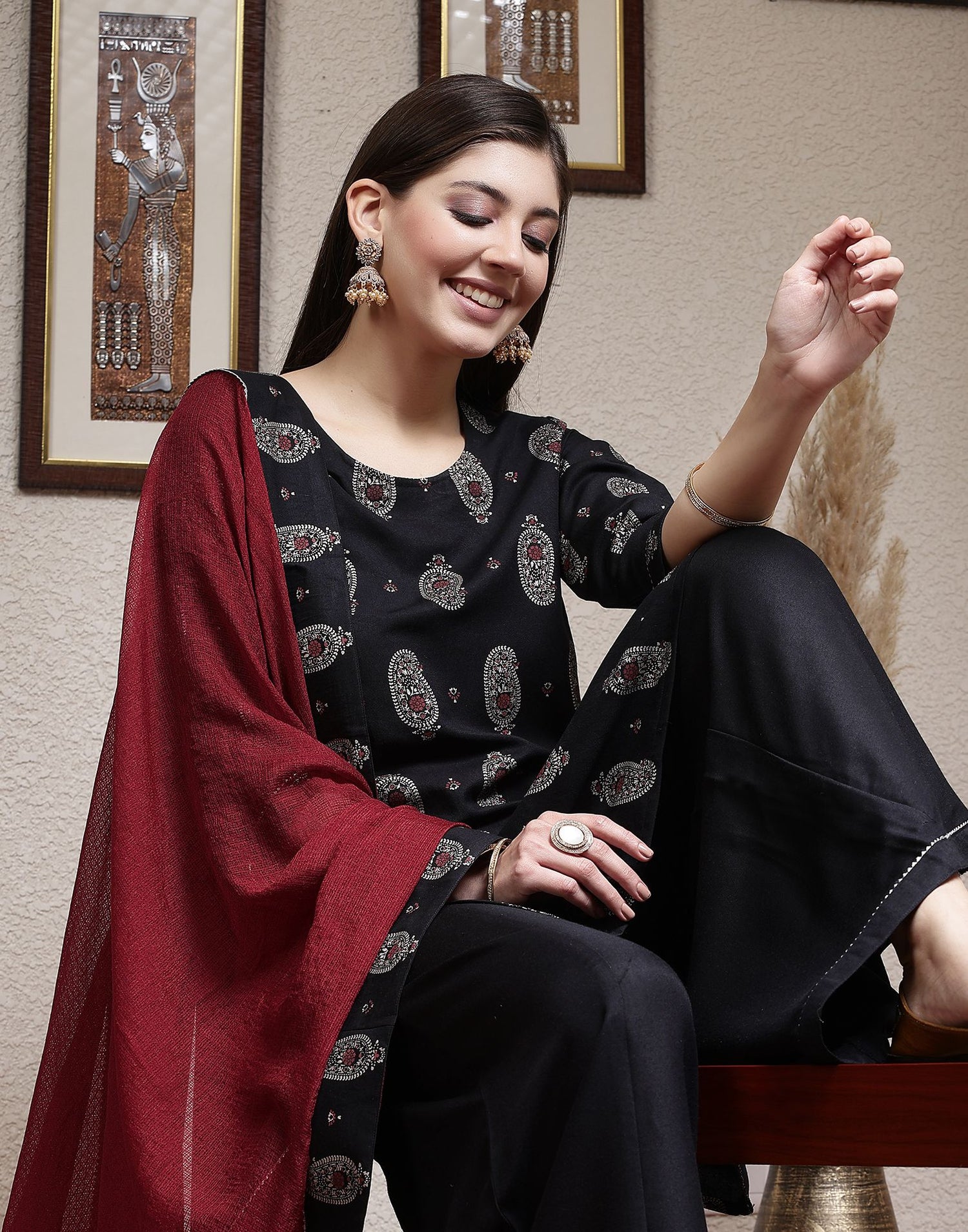 Black Printed Rayon Straight Kurta Set With Dupatta