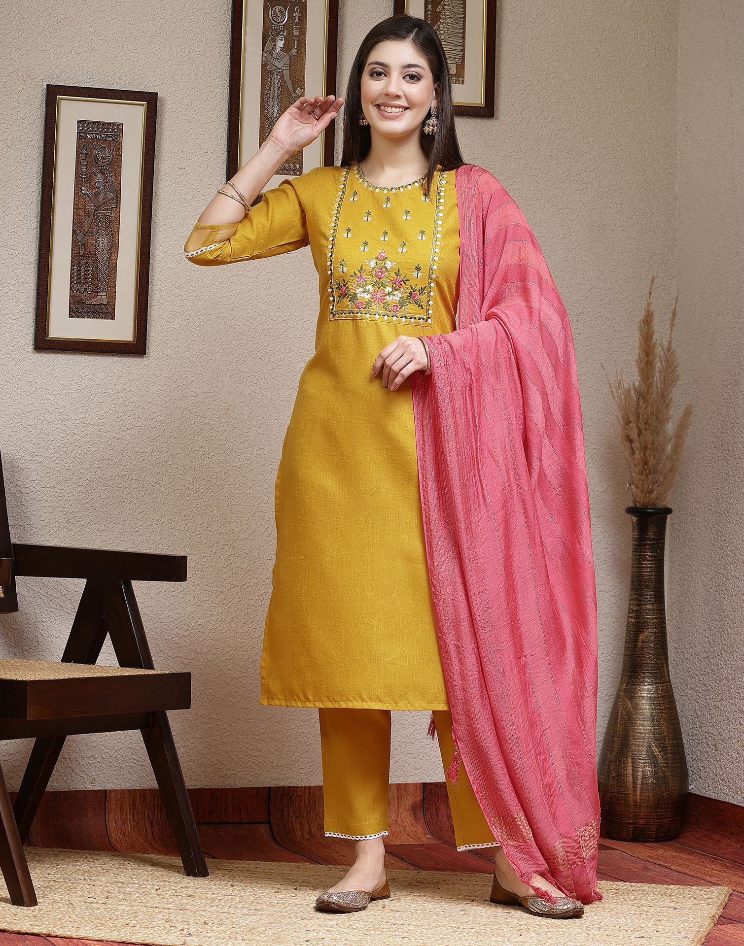 Turmeric Yellow Embroidery Cotton Straight Kurta With Pant And Dupatta