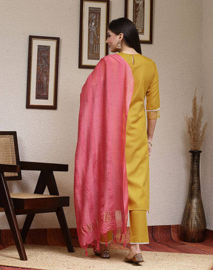 Turmeric Yellow Embroidery Cotton Straight Kurta With Pant And Dupatta