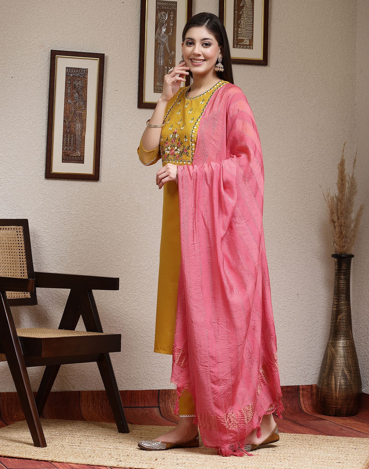 Turmeric Yellow Embroidery Cotton Straight Kurta With Pant And Dupatta