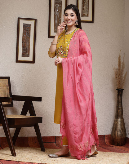 Turmeric Yellow Embroidery Cotton Straight Kurta With Pant And Dupatta