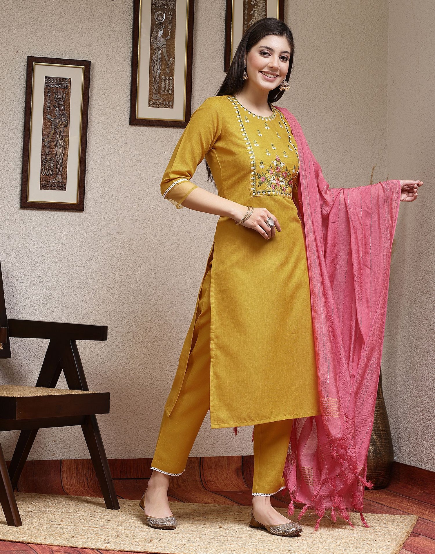 Turmeric Yellow Embroidery Cotton Straight Kurta With Pant And Dupatta