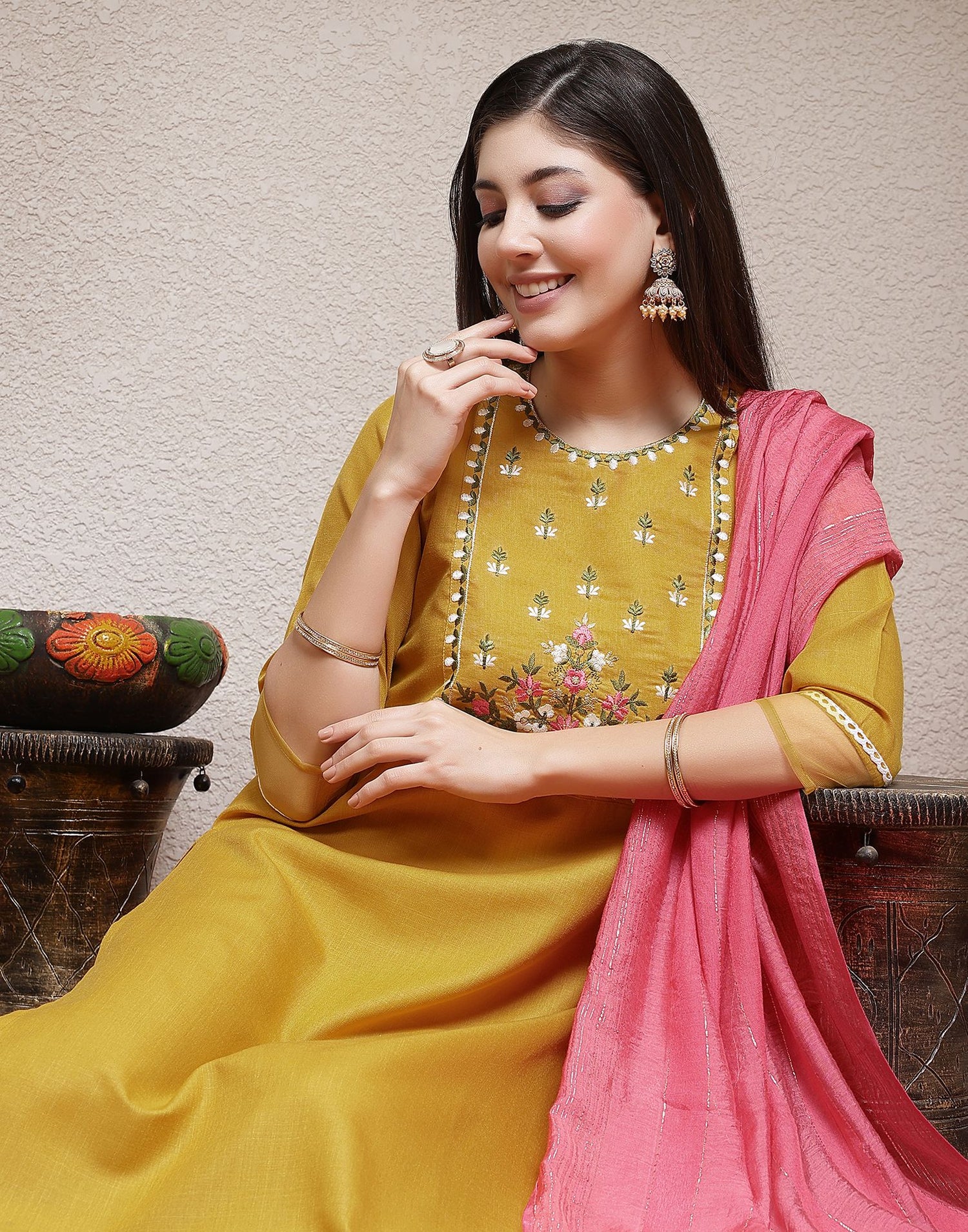 Turmeric Yellow Embroidery Cotton Straight Kurta With Pant And Dupatta