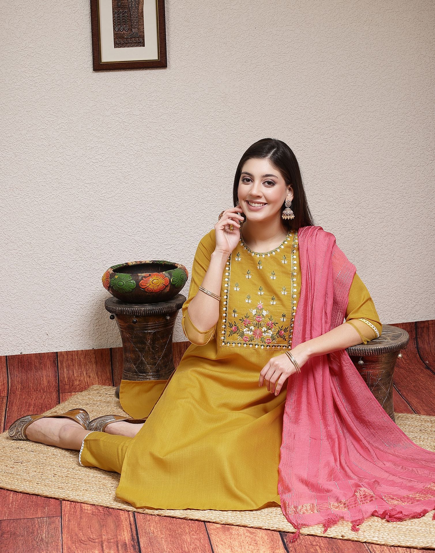 Turmeric Yellow Embroidery Cotton Straight Kurta With Pant And Dupatta