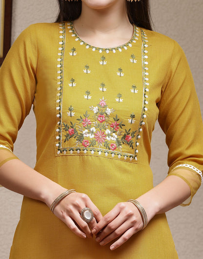 Turmeric Yellow Embroidery Cotton Straight Kurta With Pant And Dupatta