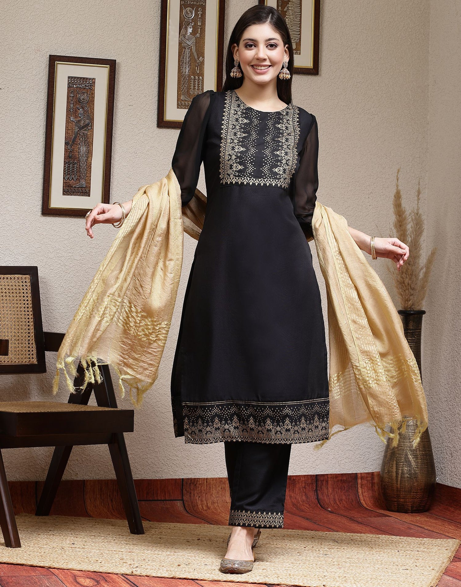 Black Plain Rayon Straight Kurta With Pant And Dupatta