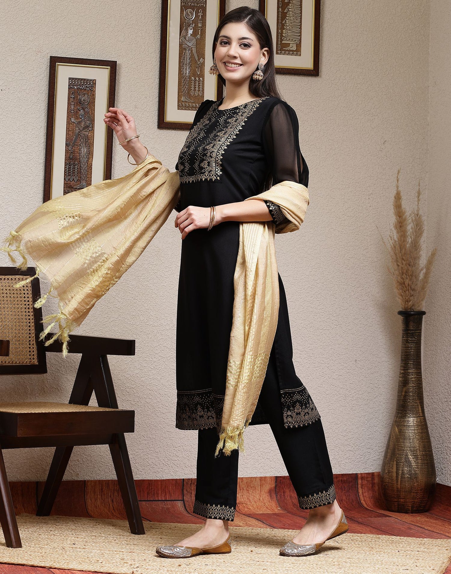 Black Plain Rayon Straight Kurta With Pant And Dupatta