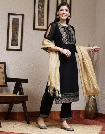 Black Plain Rayon Straight Kurta With Pant And Dupatta